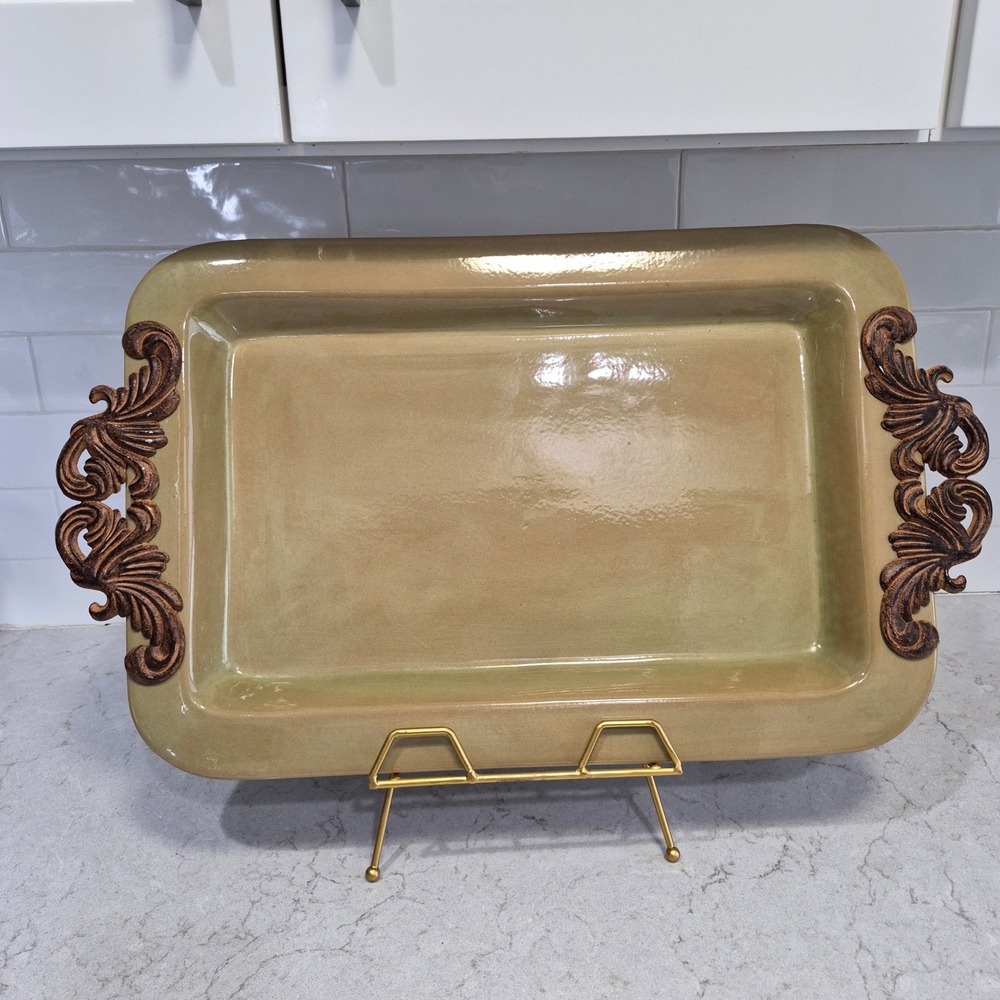 Gracious Goods Ceramic Serving Tray Scroll Handles Tuscan Farmhouse Tan Brown